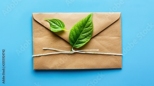 Natural Green Leaves on Brown Envelope Tied with String on Blue Background