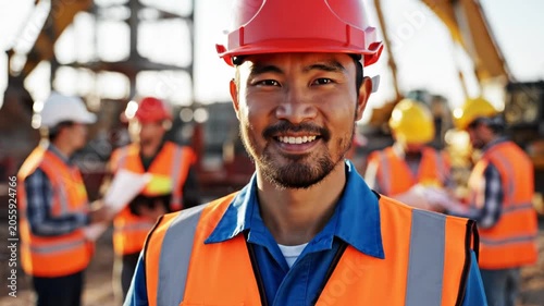 Portrait of a smiling Asian male construction worker wearing a red hard hat and safety vest at a building site