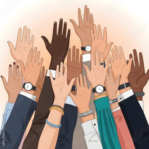 Diverse hands raised in unity meeting