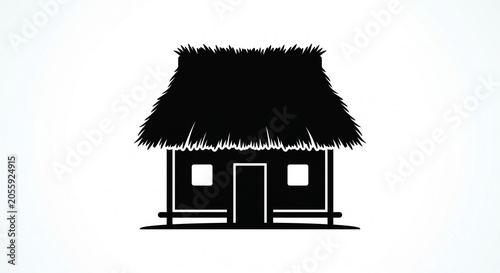 A silhouette of a thatched cottage, isolated against a plain white background.