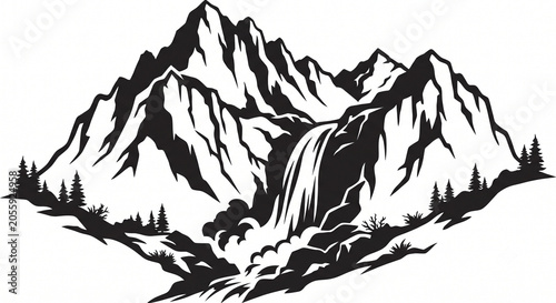 A silhouette of a massive waterfall in the mountains, isolated against a plain white background