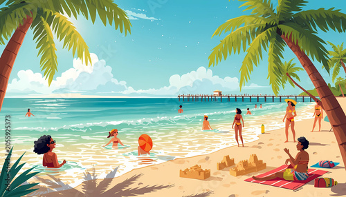 A vibrant beach scene with people enjoying the sun and sea