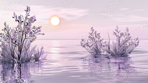 Serene Lavender Flowering Plants Emerging From Calm Water at Sunset