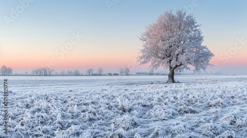 Snowy Winter Landscape with Frost Covered Tree and Pink Sunset Sky