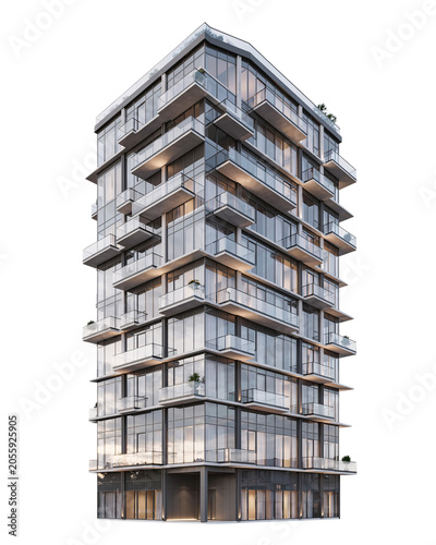 Modern high-rise apartment building with glass isolated on transparent background