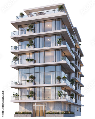 Modern multi-story apartment building with balconies isolated on transparent background