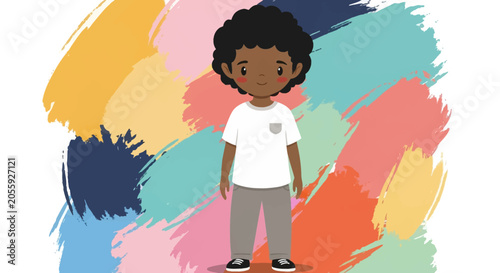 Detailed illustration of a young Black boy with curly hair wearing a white t-shirt and grey pants, posed against a colorful abstract background of textured gouache paint brushstrokes.