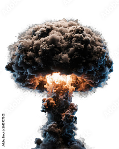Nuclear explosion mushroom cloud with intense fireball isolated on transparent background