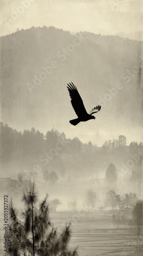 Misty landscape with a soaring bird silhouette.