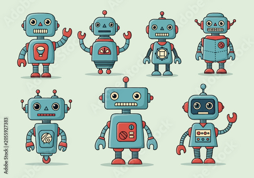 Set of seven unique hand-drawn retro style robot characters with teal and red mechanical bodies, antennas, dials, and expressive eyes isolated on a solid light mint background.