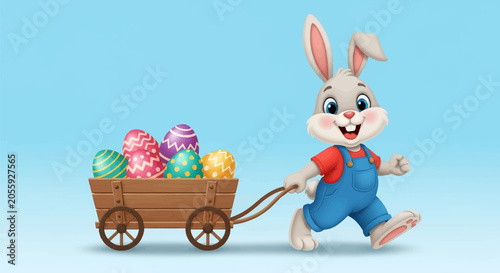 Illustration of a happy cartoon Easter bunny wearing a red shirt and blue denim overalls pulling a wooden cart loaded with colorful painted eggs against a blue background.