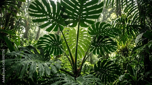 Large monstera deliciosa leaves in deep rainforest canopy with monstera rainforest tropical botanical environment background