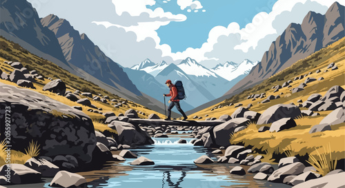 A lone trekker with a large backpack and walking stick crosses a small log bridge over a mountain river, surrounded by rocky terrain and snow-capped peaks in a vector illustration