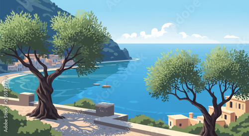 Vector illustration of Italy's Amalfi Coast featuring gnarled olive trees on a sunlit stone terrace overlooking a turquoise Mediterranean bay, coastal village and small boat in water.