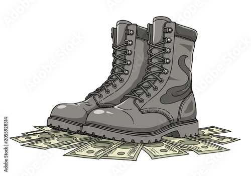 Grey military combat boots with laces standing on a circular fan of United States dollar bills currency, vector illustration isolated on white background, concept of defense budget.