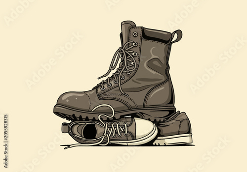 Detailed vector illustration of a large leather military combat boot stepping on and crushing a pair of small children's canvas sneakers, symbolizing conflict and oppression.