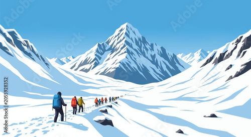 Vector illustration of a group of mountaineers trekking through a snow-covered alpine valley towards a high mountain peak under a clear blue sky during a winter expedition.