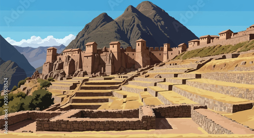 Vector illustration of an ancient stone fortress and mountain city with agricultural terraces, stone towers, and ruined foundations set against steep mountain peaks and a clear sky.