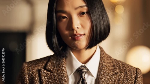 Professional woman adjusting her brown tweed blazer while wearing a white shirt and paisley patterned silk tie
