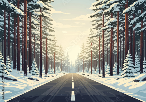 A factual vector illustration of a straight asphalt highway winding through a dense evergreen forest covered in winter snow under a bright sunrise or sunset sky in a nature landscape.