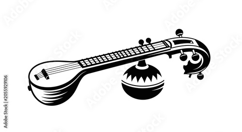Canvastavla Black and White Illustration of Indian Veena Musical Instrument