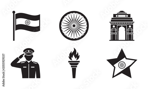 Six black silhouette icons representing Indian national symbols including the flag and India Gate