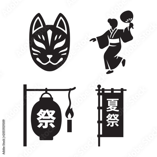 Traditional Japanese summer festival icons including a fox mask, dancer, and lantern
