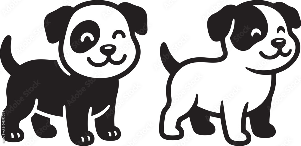 Fototapeta premium Two cute puppy dog character variations as black silhouettes isolated on white background with character silhouette isolated