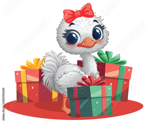 Cute Cartoon Ostrich Chick with Red Bow and Christmas Gift Boxes