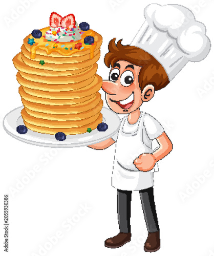 Smiling Cartoon Chef Holding a Large Stack of Decorated Pancakes