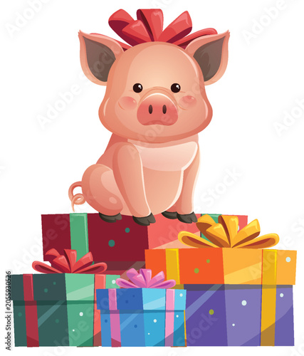 Cute Cartoon Pink Piglet Sitting on Colorful Wrapped Gift Boxes