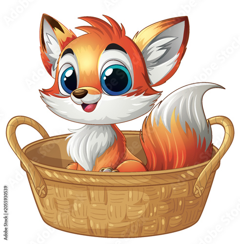 Cute Cartoon Baby Fox Sitting Inside a Woven Wicker Basket