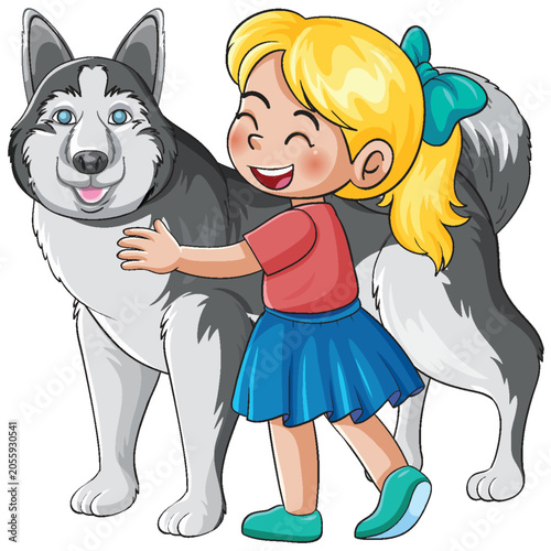 Happy Young Girl Hugging Her Large Siberian Husky Dog