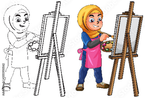Muslim Girl Wearing Hijab Painting on Canvas with Easel and Palette
