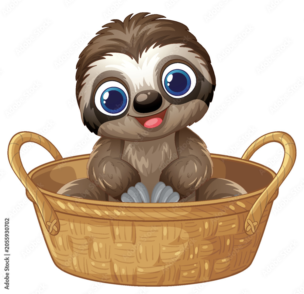 Fototapeta premium Cute Baby Sloth Sitting Inside a Woven Wicker Basket Illustration