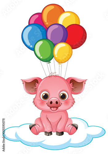 Cute Cartoon Pig Floating on Cloud with Colorful Balloons Illustration