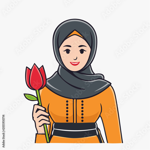 Muslim Woman in Hijab Holding a Red Tulip Flower