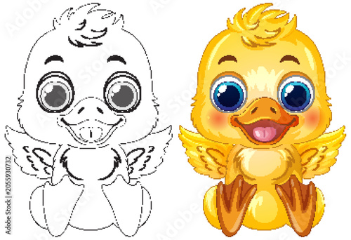 Cute Cartoon Duckling Vector Illustration with Coloring Page Version