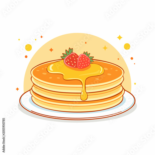 Stack of Pancakes with Strawberries and Honey