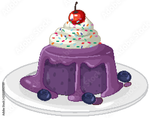 Blueberry Lava Cake with Whipped Cream and Cherry Topping