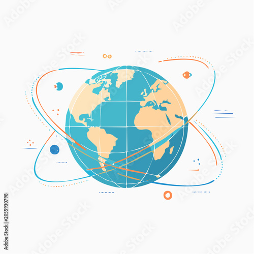 Stylized Earth with Orbital Paths and Abstract Elements