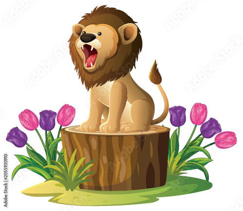 Cartoon Lion Roaring on Tree Stump Surrounded by Colorful Tulips