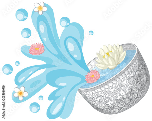Traditional Thai Silver Bowl Splashing Water with Flowers for Songkran Festival