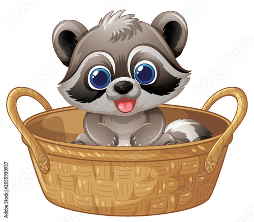 Cute Cartoon Baby Raccoon Sitting Inside a Woven Wicker Basket