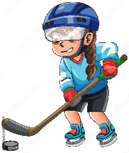 Photography Cartoon Illustration of a Young Girl Ice Hockey Player Skating with Puck