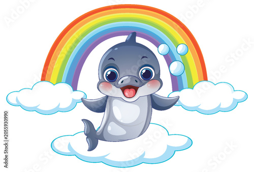 Happy Vector Dolphin Character Floating on Clouds Under a Bright Rainbow