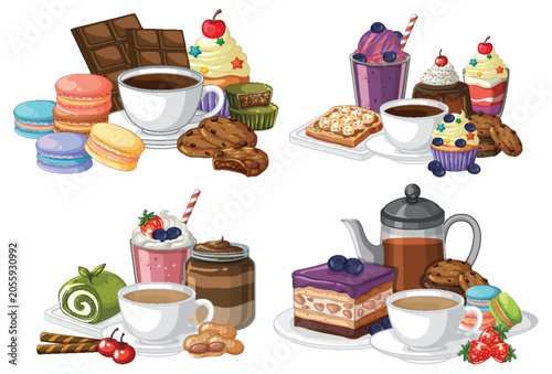 Assorted Dessert and Coffee Vector Illustration Set on White Background