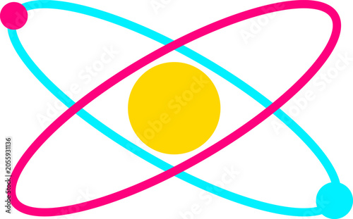 Tableau sur toile Minimalist flat graphic showing colorful elliptical orbits around a central yell