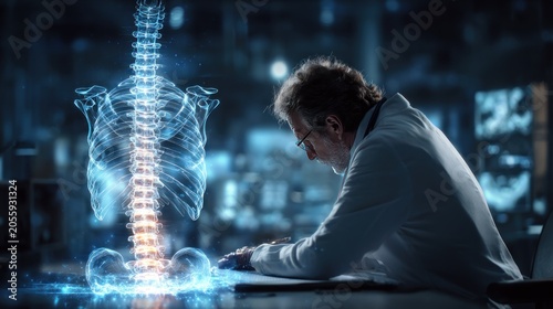 Medical professional examining hologram