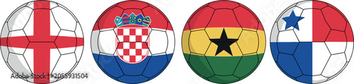 Soccer balls with national flags of England Croatia Ghana and Panama isolated vector illustration background